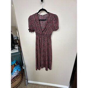 Womens Black Red Dress XS short sleeve floral pullover midi‎ dress polyester